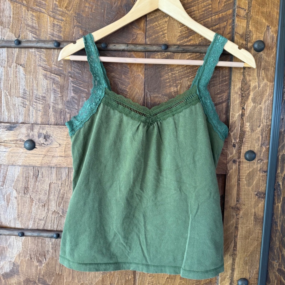 High Sierra Cami Tank Top Women S Green Lace Trim Cotton Shelf Bra Earthy Cami